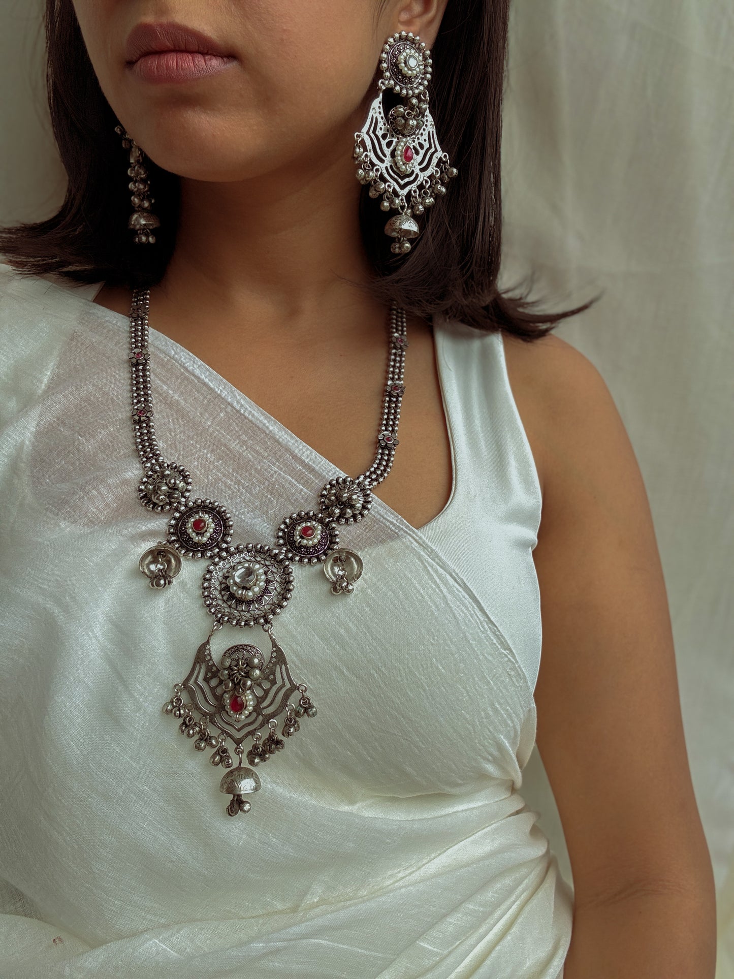 Freya Oxidized Unique Long Necklace with Red Stones & Ghungroo Beads