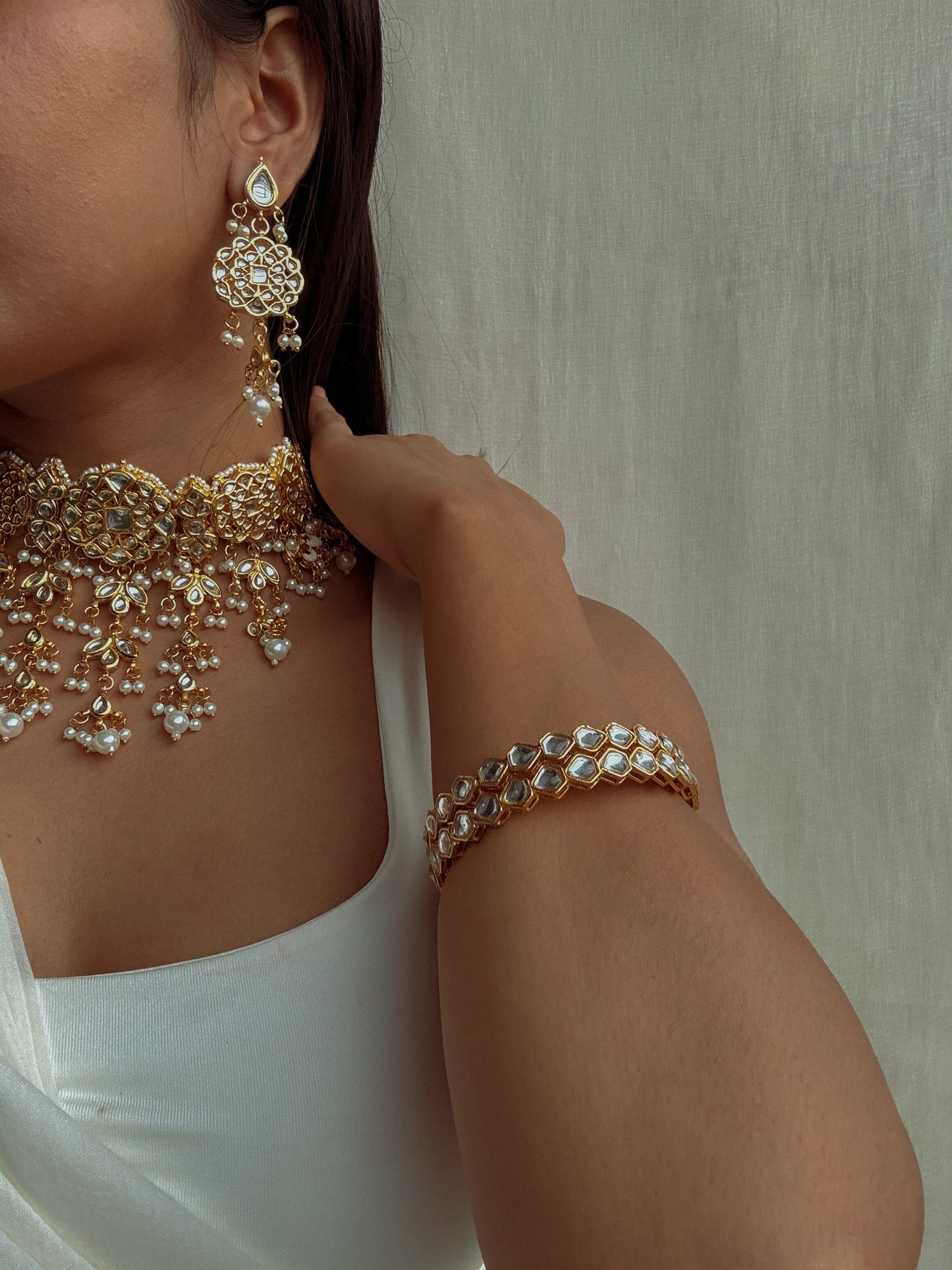 Esme Kundan Pearl Choker with Earrings & Tika