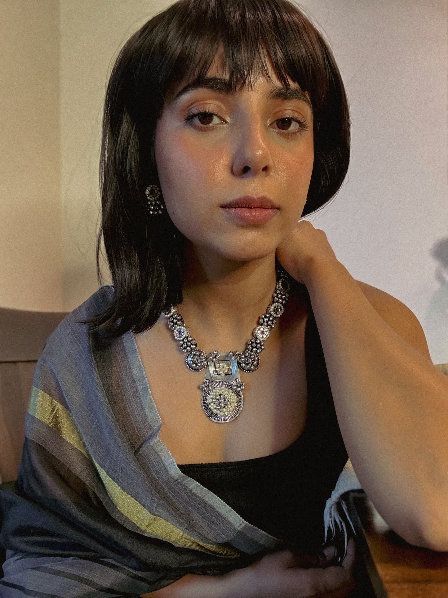 Leona Silver & Pearls Unique Oxidized Choker with Ghunghroo Beads