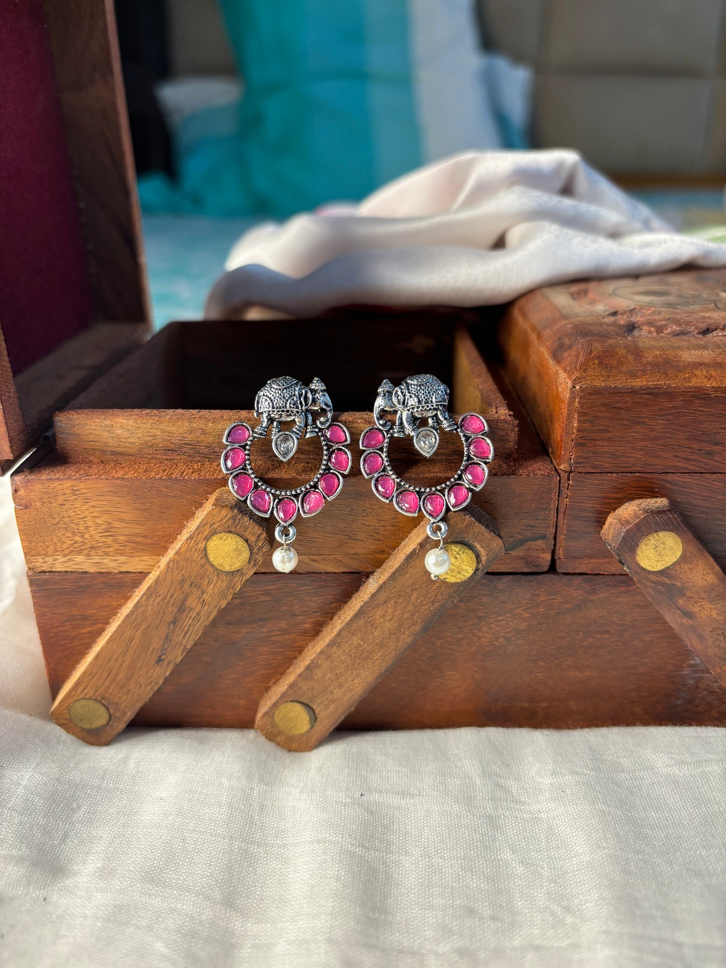 Oxidized Pink Elephant Small Earrings