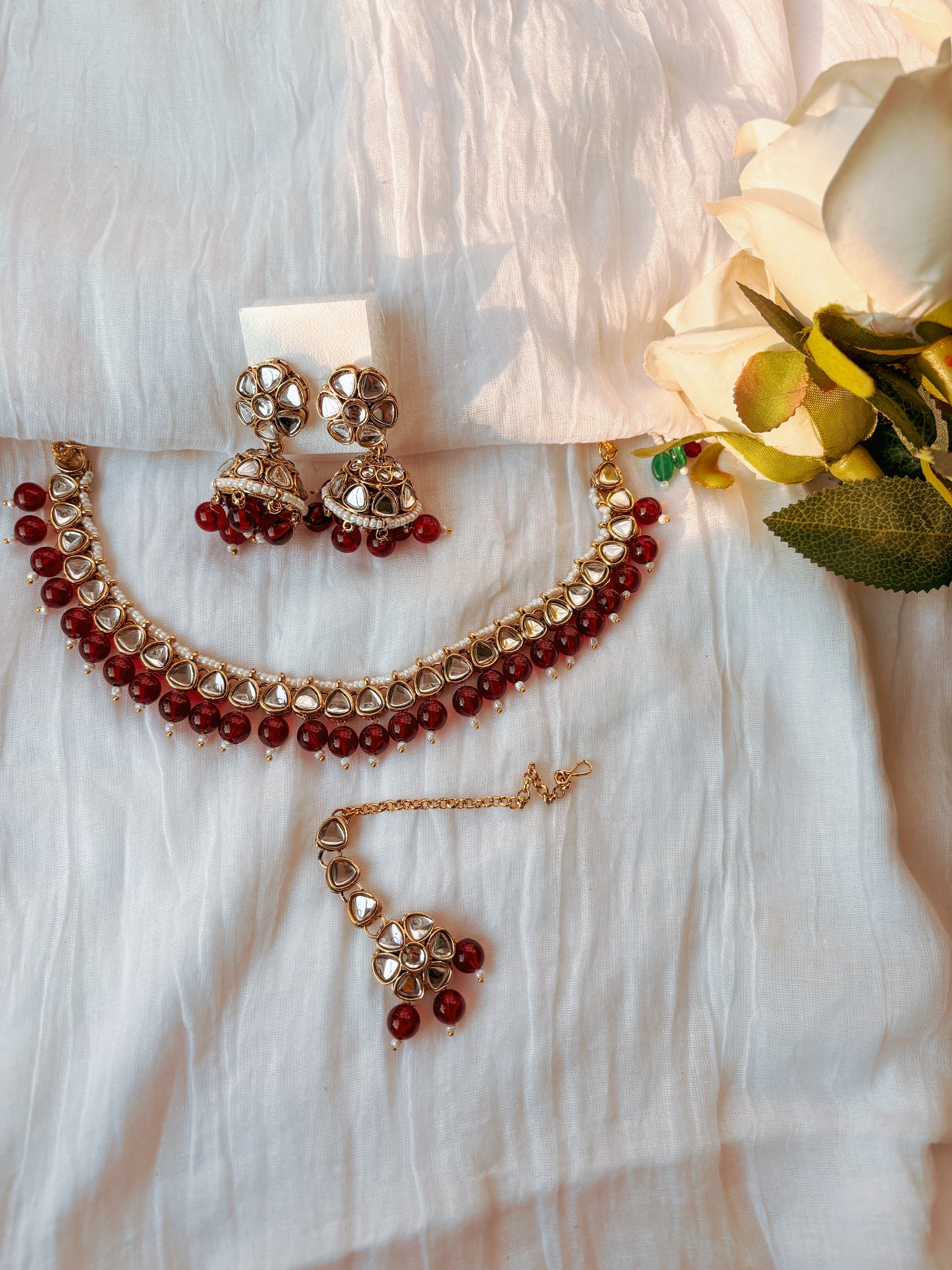 Inaya Kundan Set with Tika- Maroon