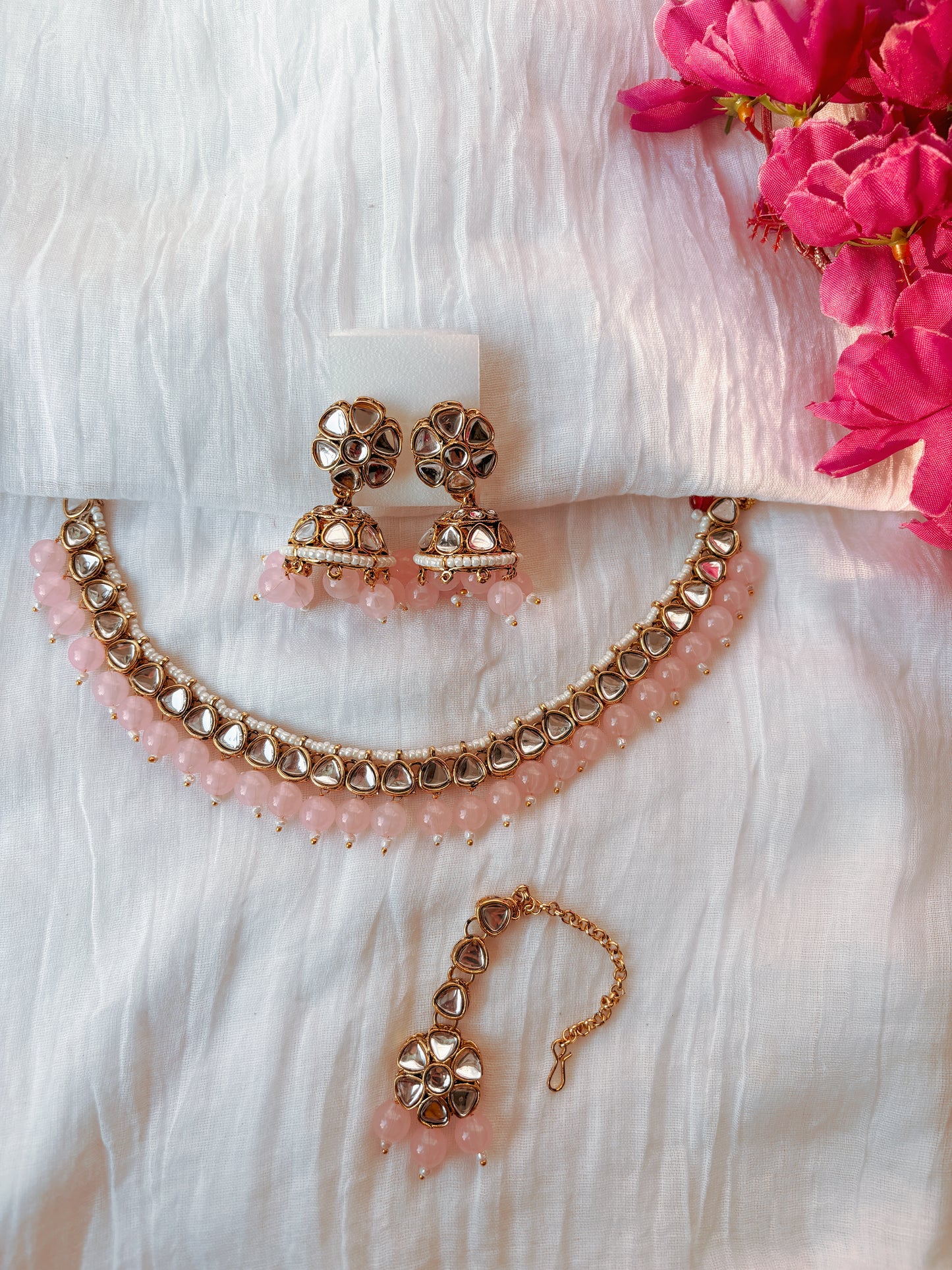 Inaya Kundan Set with Tika- Baby Pink