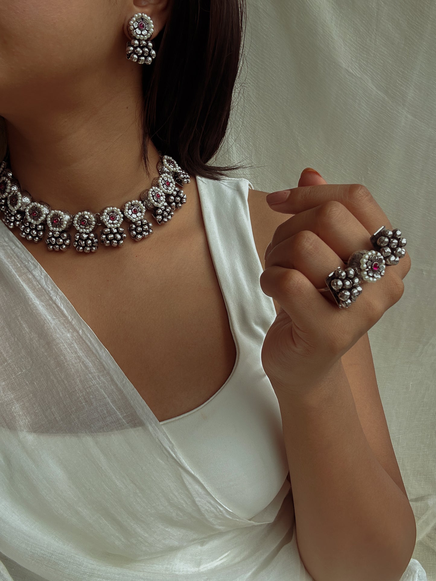 Stella Silver & Pearls Unique Oxidized Choker with Ghungroo Beads