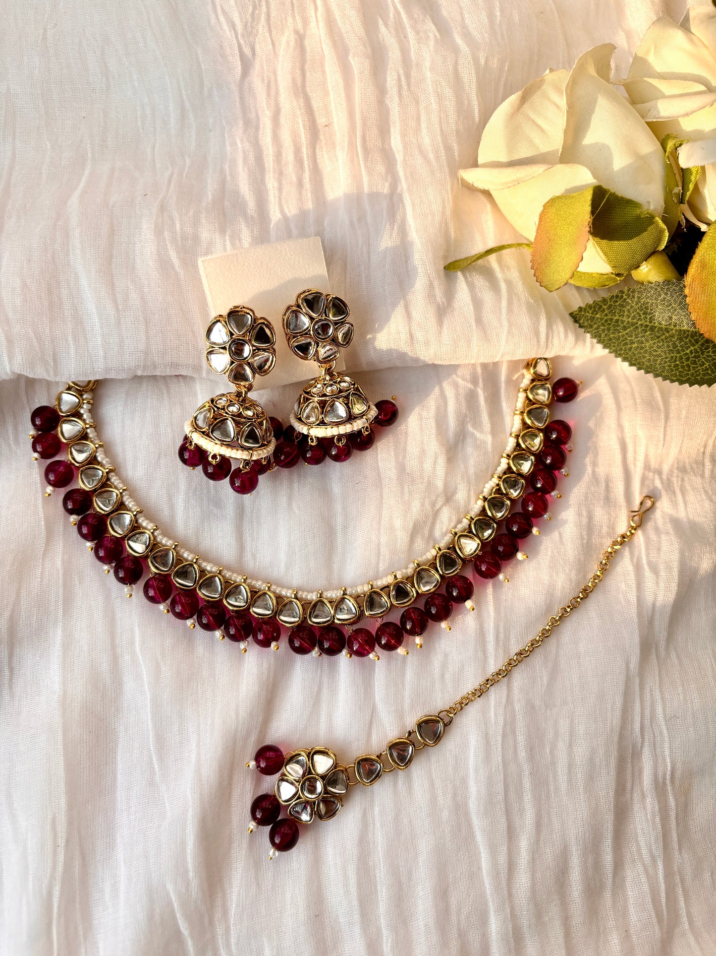 Inaya Kundan Set with Tika- Wine