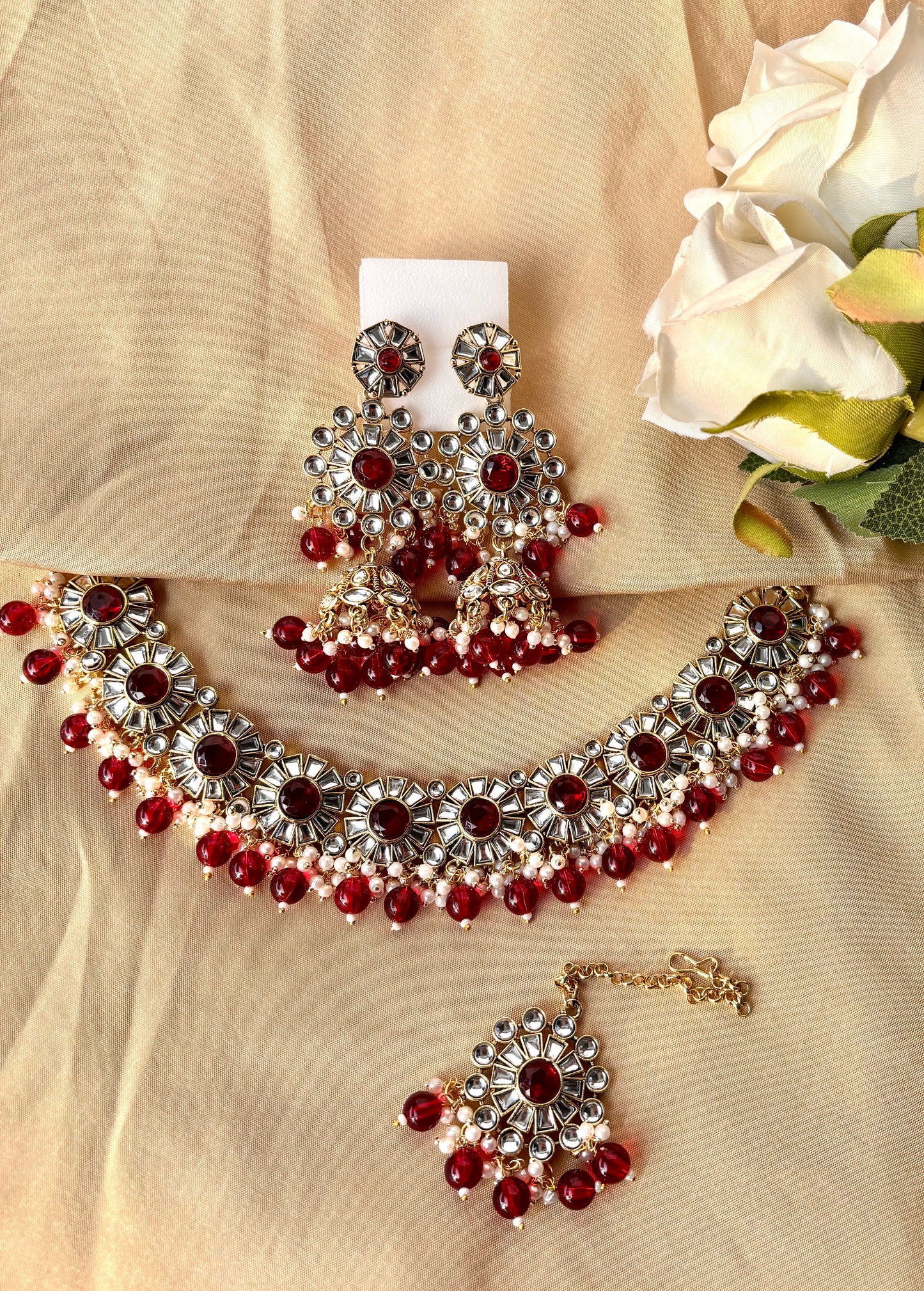 Sara Kundan Set with Tika- Red
