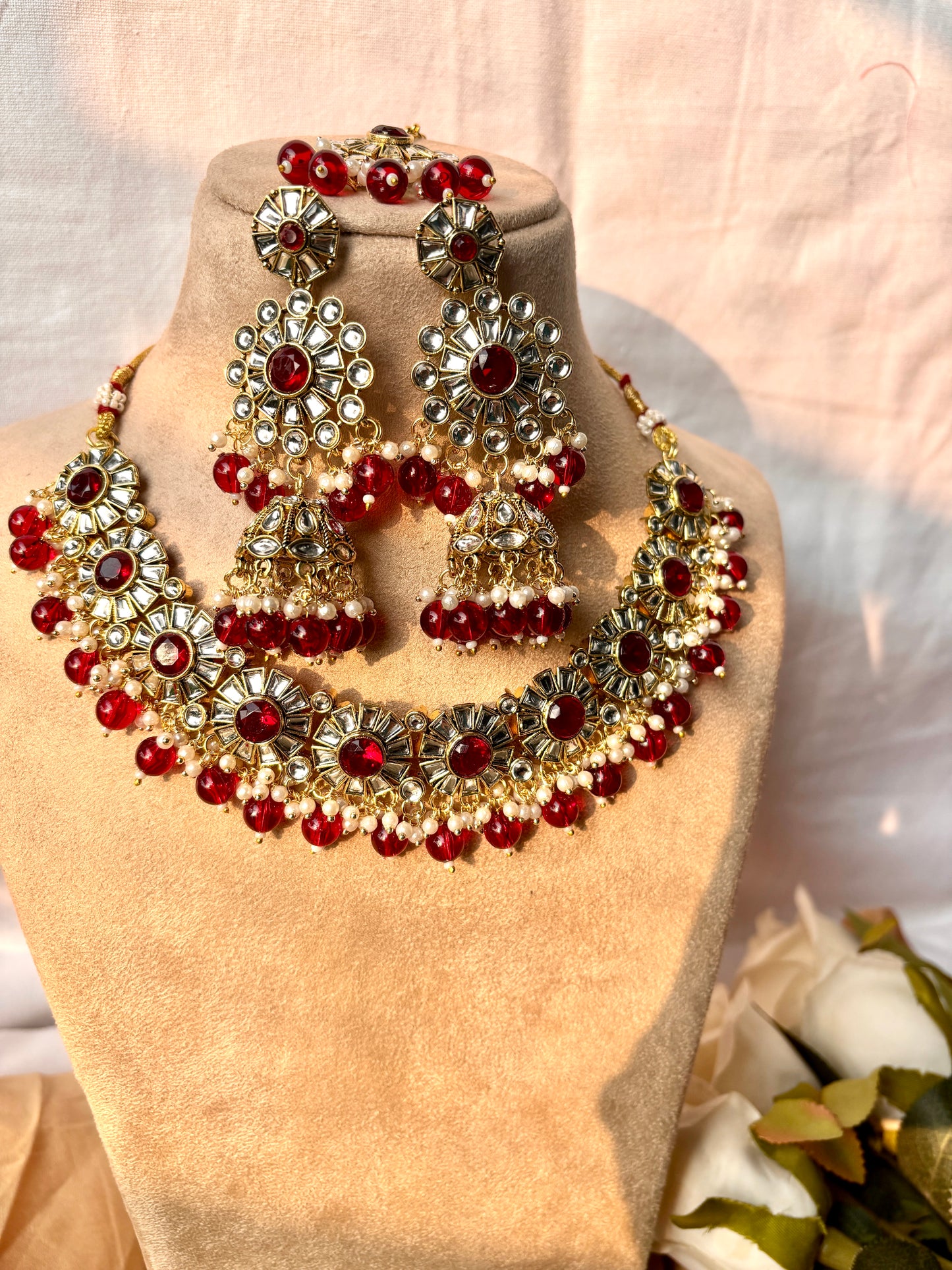 Sara Kundan Set with Tika- Red