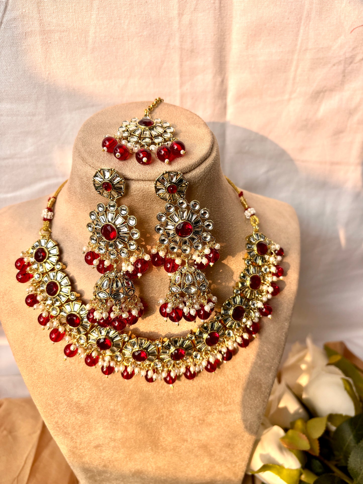 Sara Kundan Set with Tika- Red