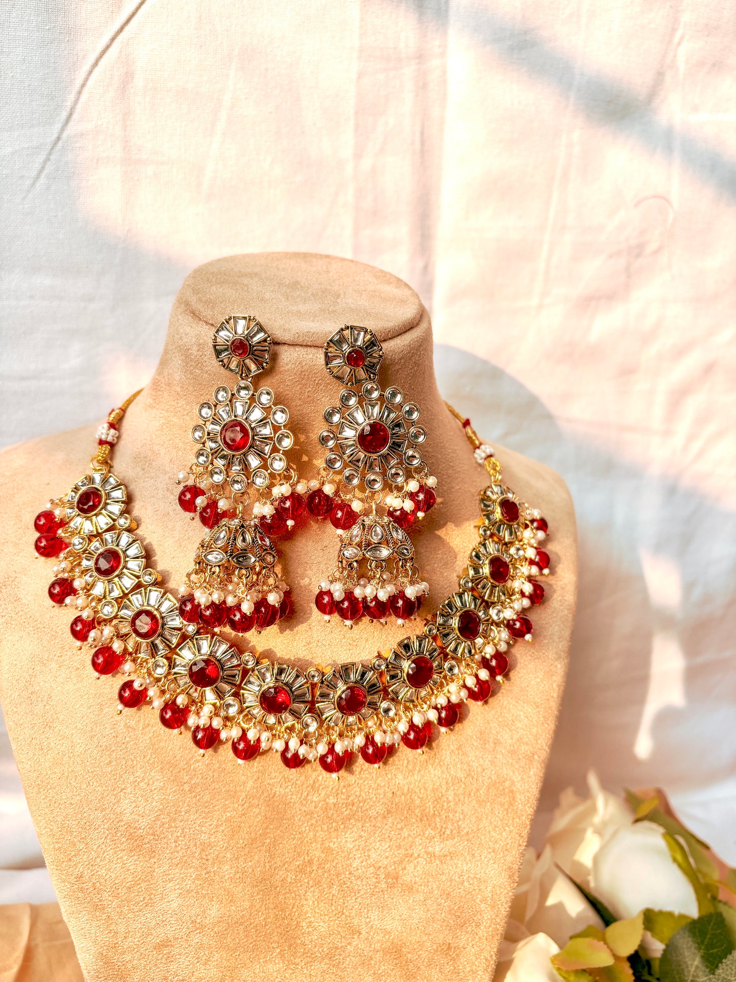 Sara Kundan Set with Tika- Red