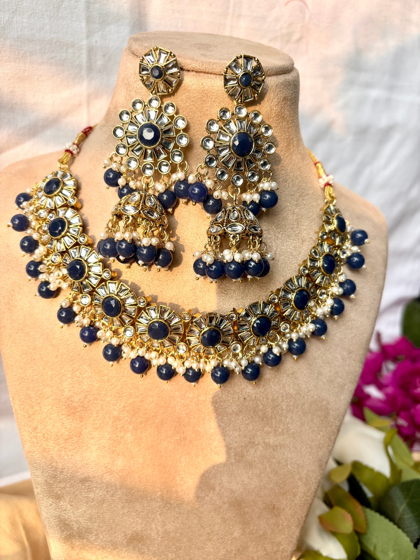 Sara Kundan Set with Tika- Blue