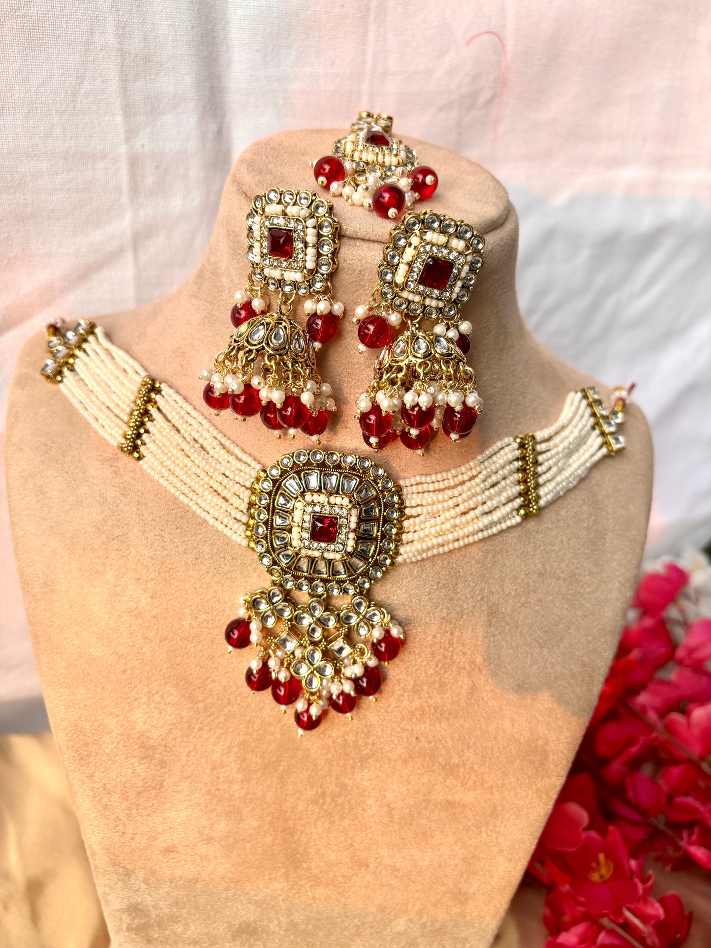 Olivia Kundan Choker Set- Pink