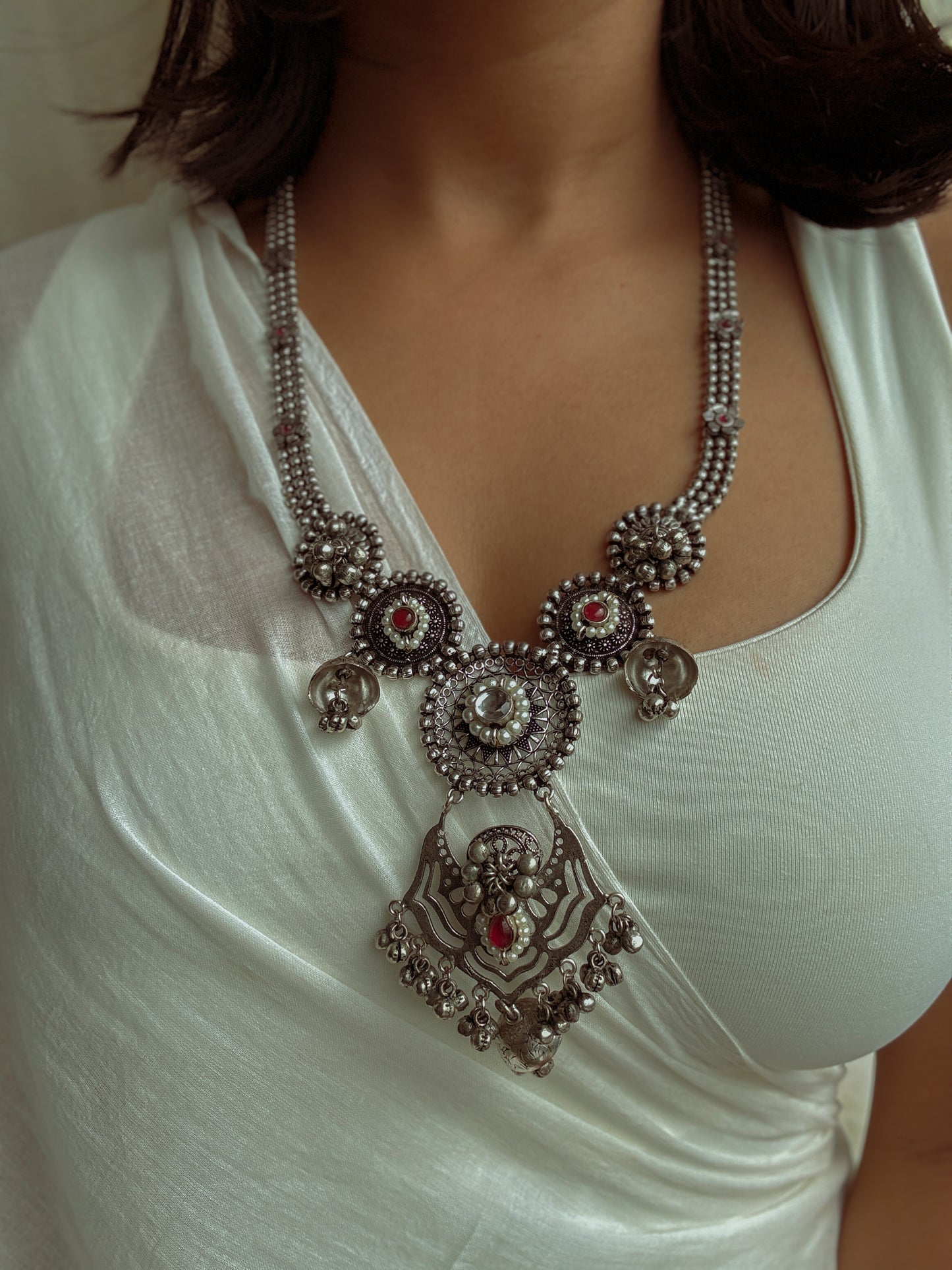 Freya Oxidized Unique Long Necklace with Red Stones & Ghungroo Beads