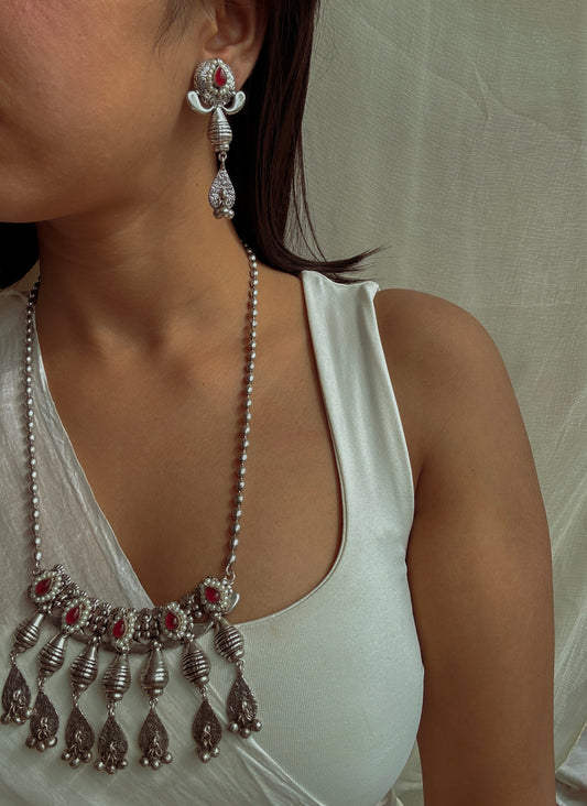 Nova Silver & Red Stones Oxidized Long Necklace with Ghungroo Beads