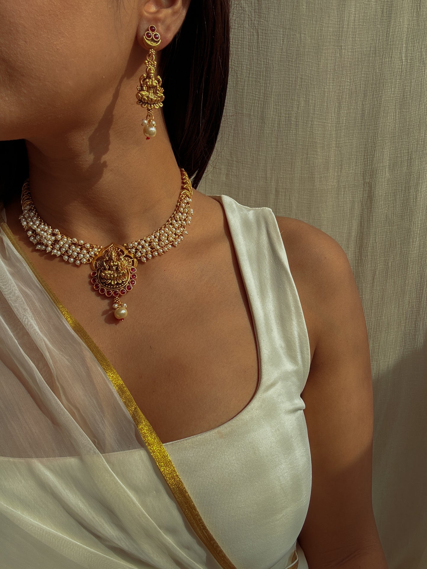 Devi's Divine Gold & Pearl Choker with Earrings