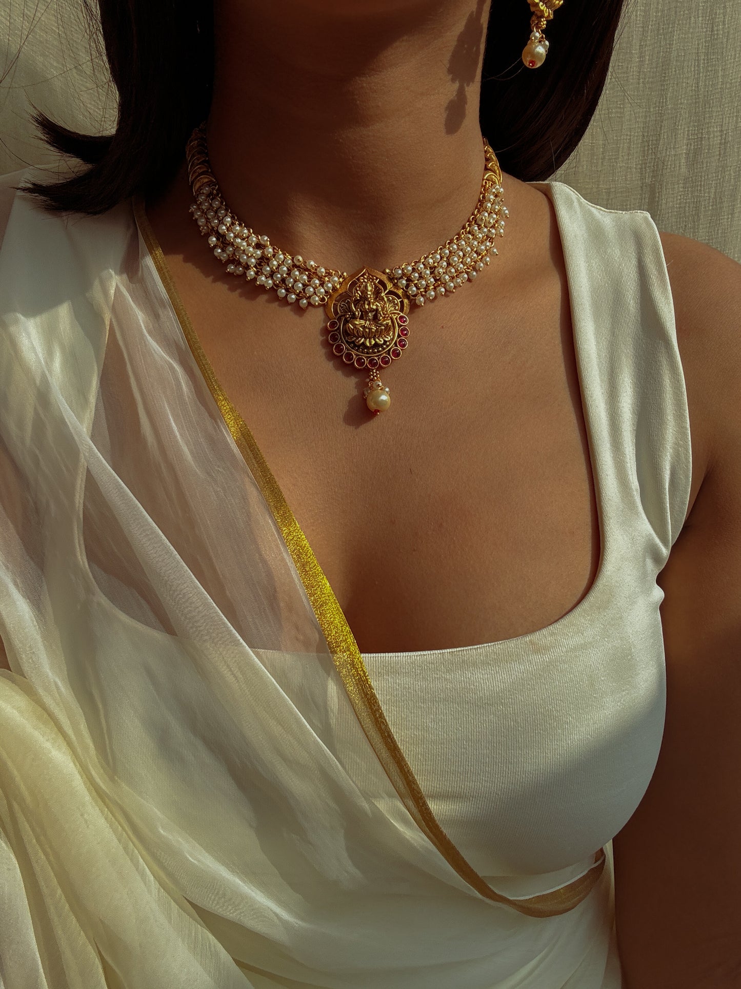 Devi's Divine Gold & Pearl Choker with Earrings