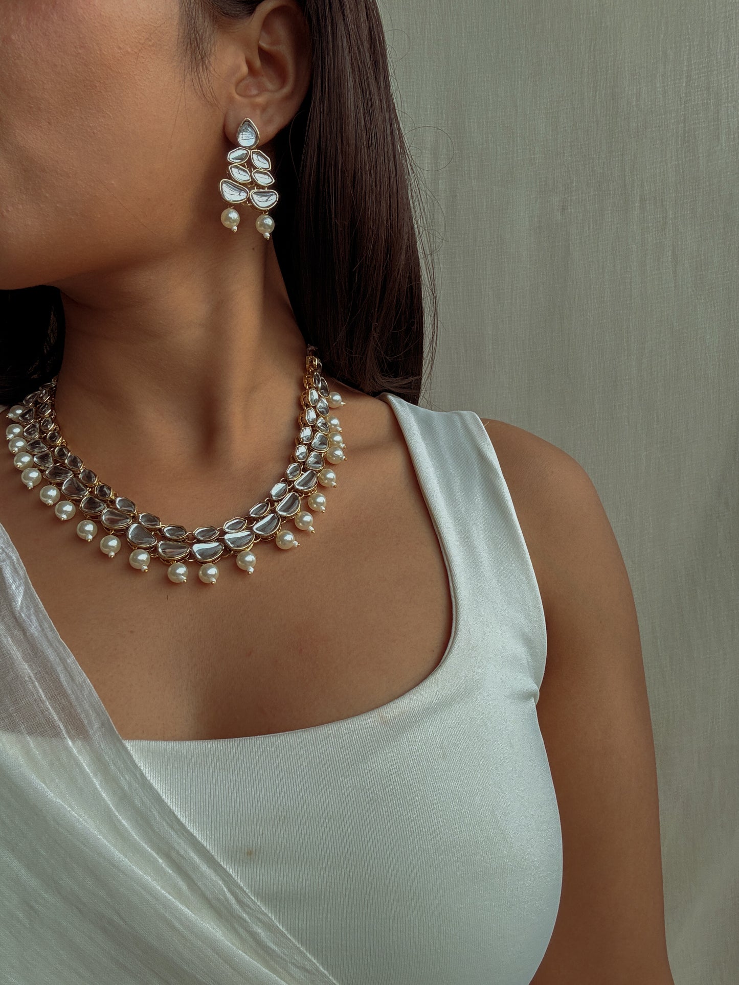 Aria Double Layered Polki Necklace with Earrings and Tika