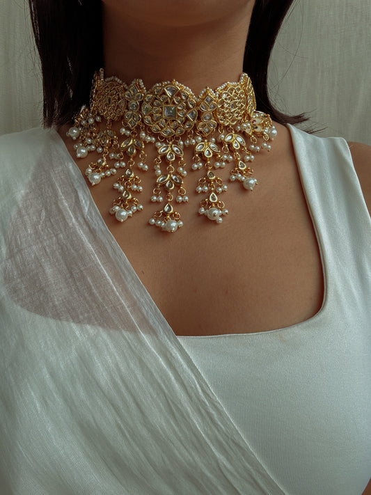 Esme Kundan Pearl Choker with Earrings & Tika