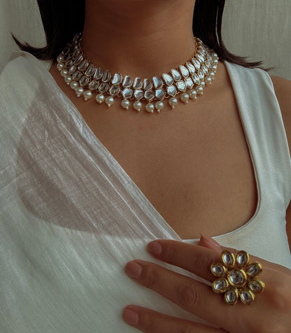 Mallika Layered Polki Necklace with Earrings and Tika