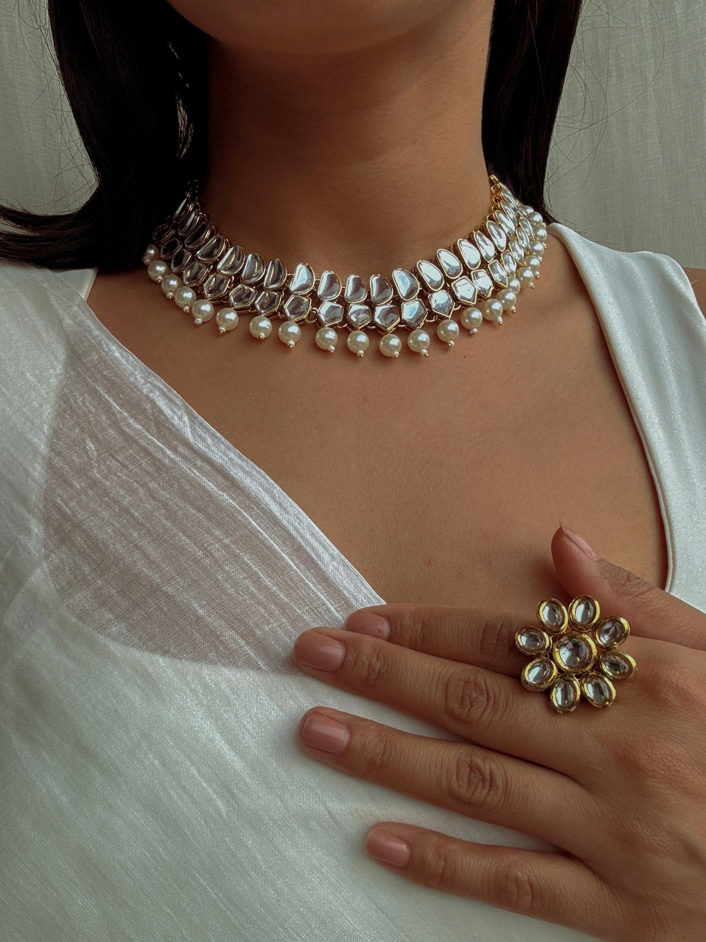 Mallika Layered Polki Necklace with Earrings and Tika