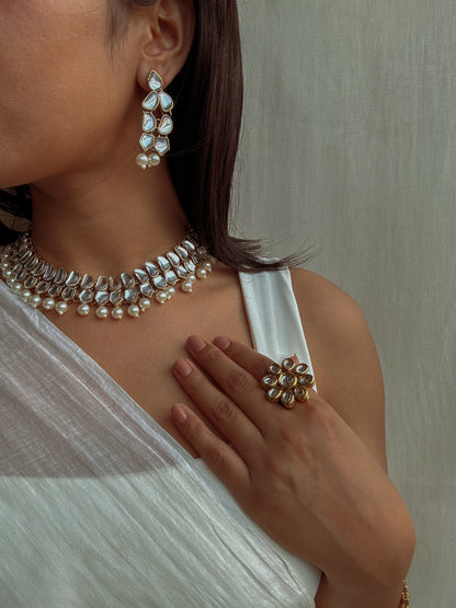 Mallika Layered Polki Necklace with Earrings and Tika