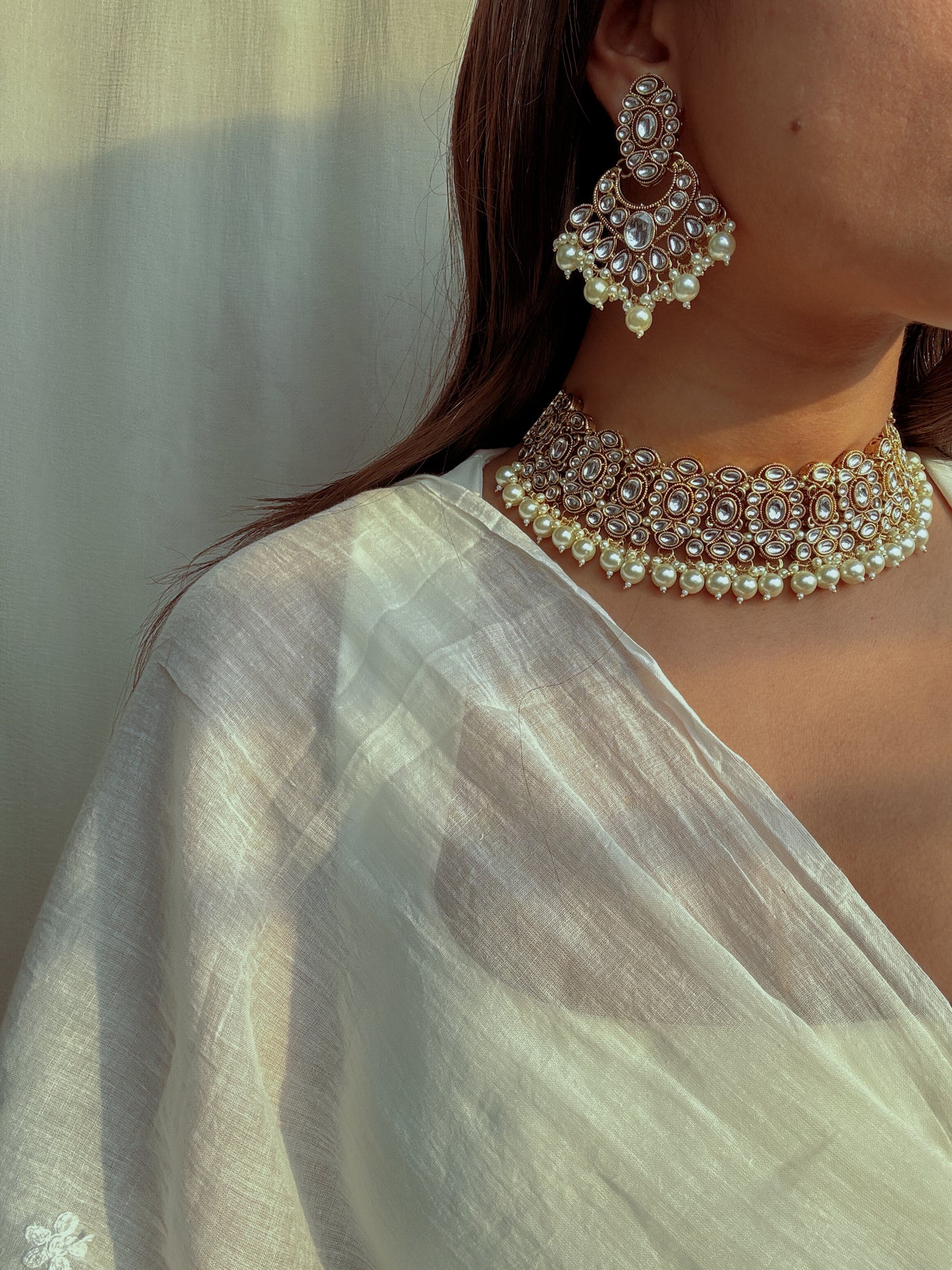 Eva Kundan Pearl Choker with Earrings & Tika