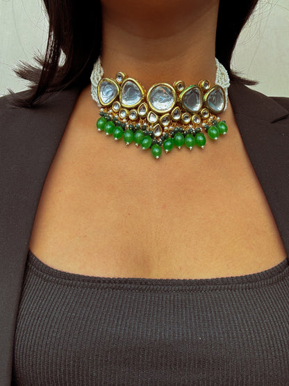 Rhea Polki Green Choker with Earrings