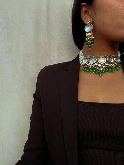 Rhea Polki Green Choker with Earrings