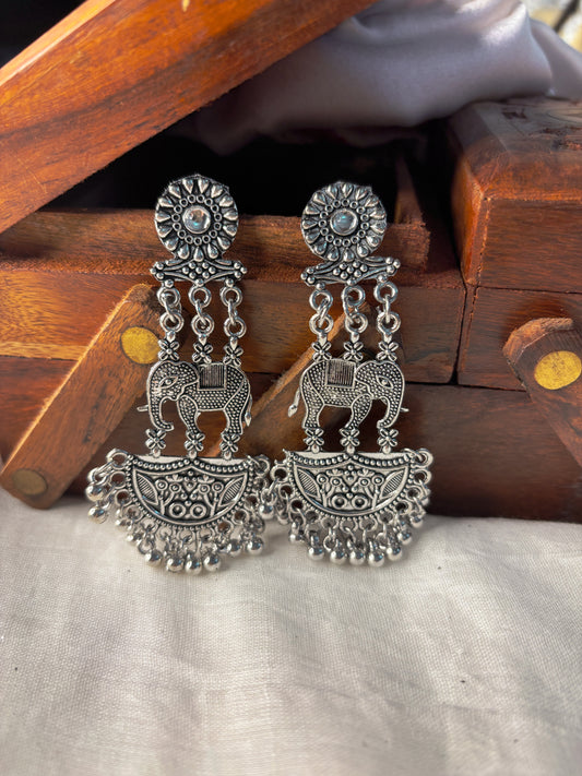 Oxidized Long Elephant Earrings