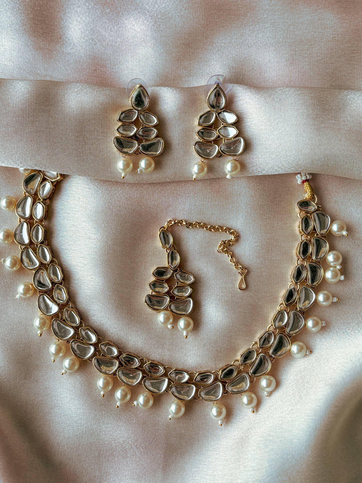 Aria Double Layered Polki Necklace with Earrings and Tika