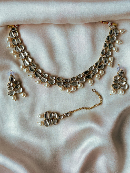 Aria Double Layered Polki Necklace with Earrings and Tika