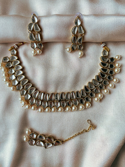 Mallika Layered Polki Necklace with Earrings and Tika