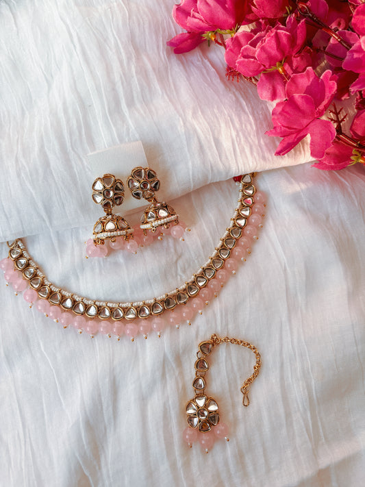 Inaya Kundan Set with Tika- Baby Pink