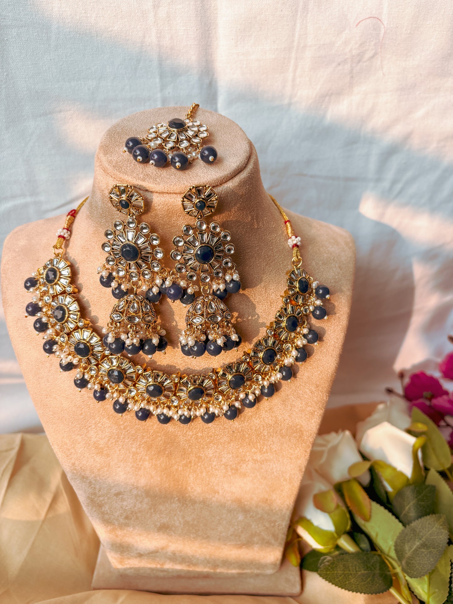 Sara Kundan Set with Tika- Blue