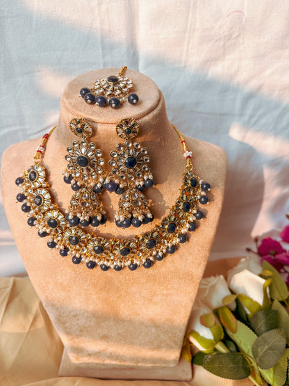 Sara Kundan Set with Tika- Blue