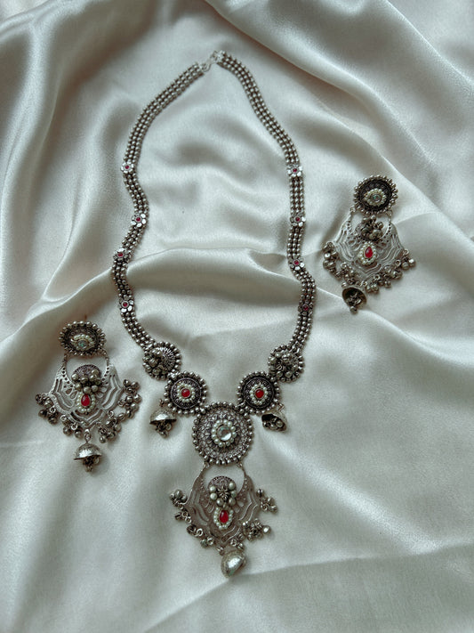 Freya Oxidized Unique Long Necklace with Red Stones & Ghungroo Beads