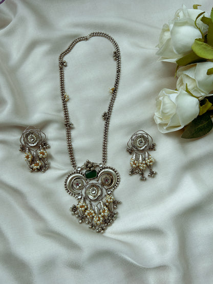 Thea Flower Design Oxidized Unique Necklace with Beaded Pearls