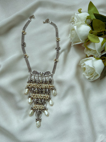 Yara Oxidized Unique Long Necklace with Pearls