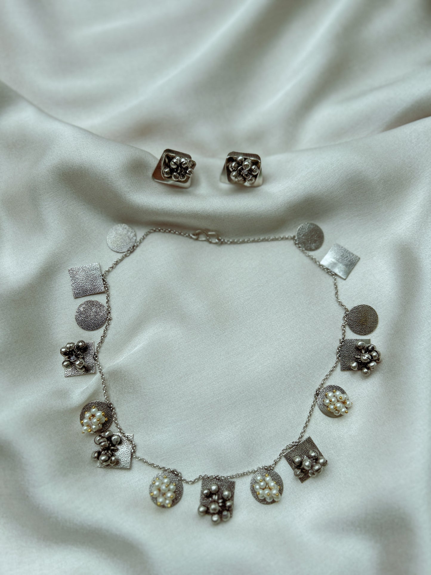 Luna Silver and Pearls Oxidized Necklace with Ghunghroo Beads