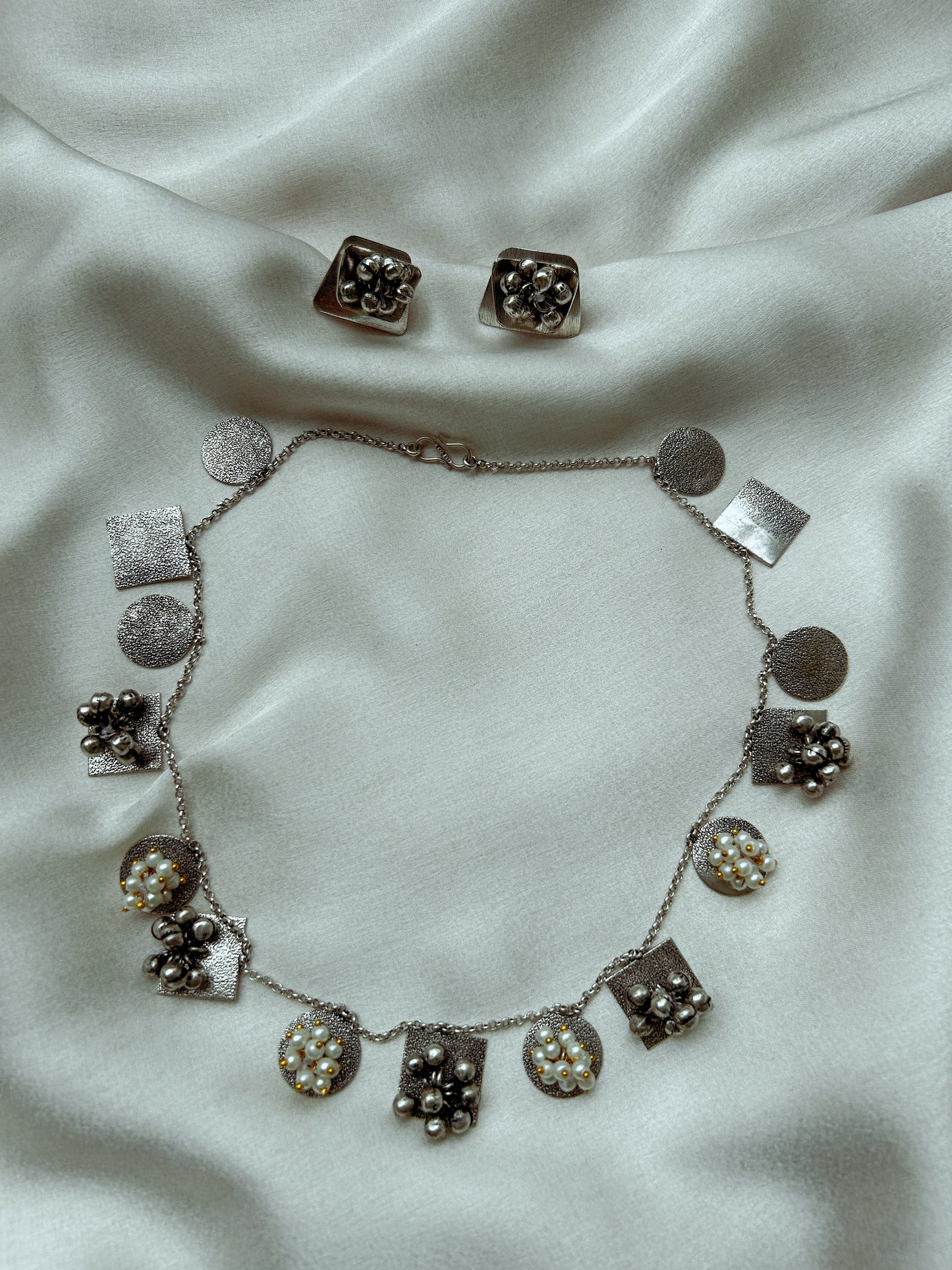 Luna Silver and Pearls Oxidized Necklace with Ghunghroo Beads