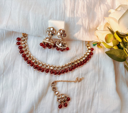 Inaya Kundan Set with Tika- Maroon