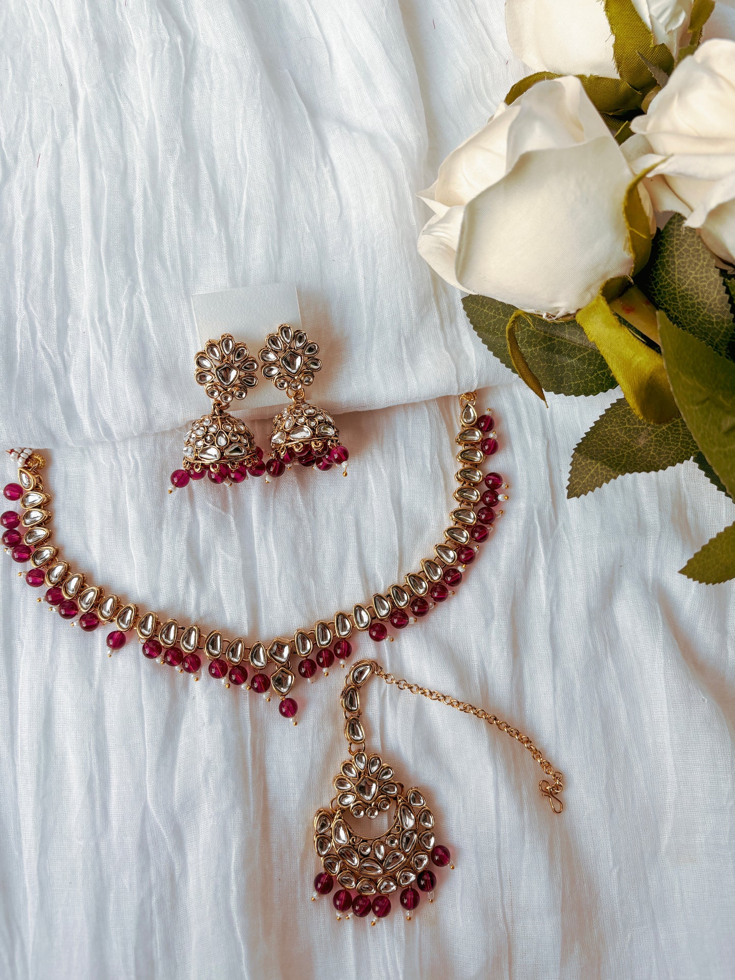 Dhara Kundan Set with Tika- Maroon