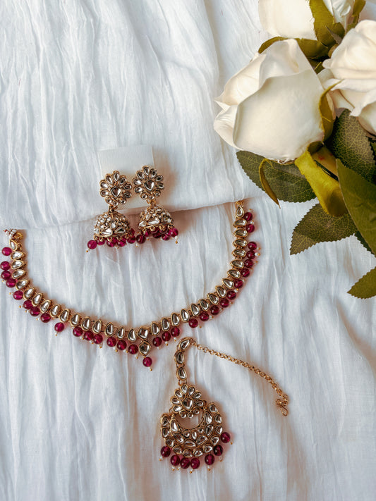 Dhara Kundan Set with Tika- Maroon