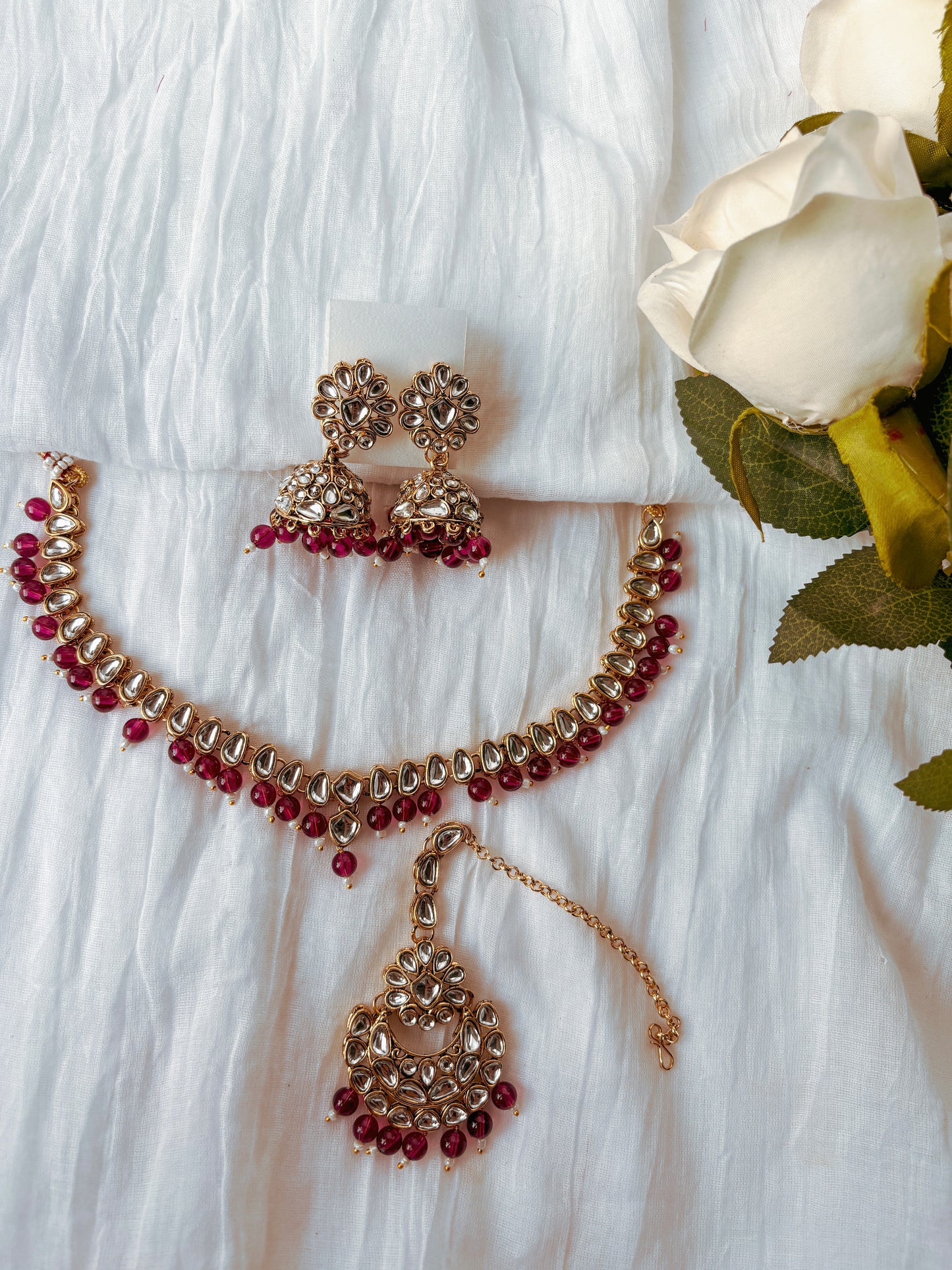 Dhara Kundan Set with Tika- Maroon
