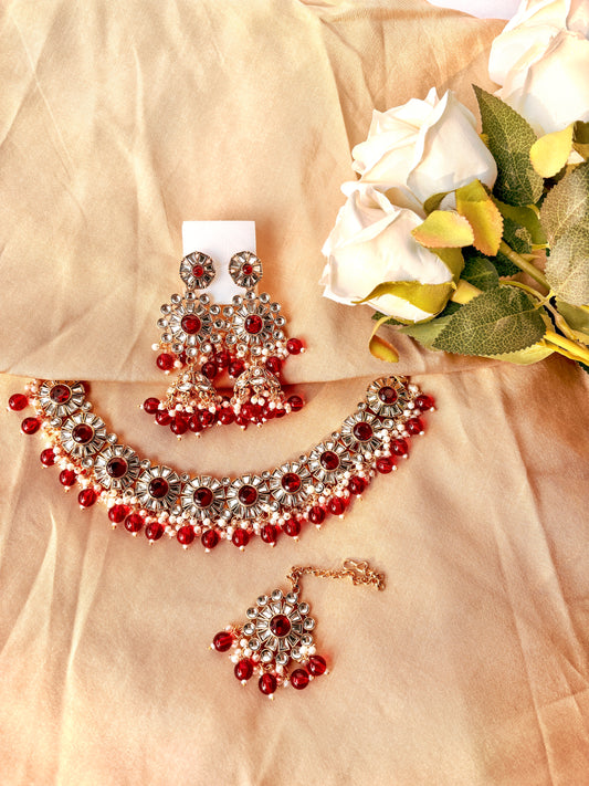 Sara Kundan Set with Tika- Red