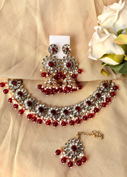 Sara Kundan Set with Tika- Red