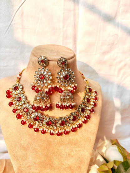 Sara Kundan Set with Tika- Red