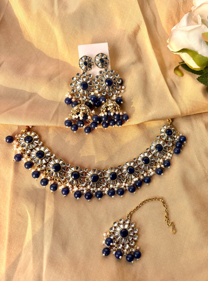 Sara Kundan Set with Tika- Blue