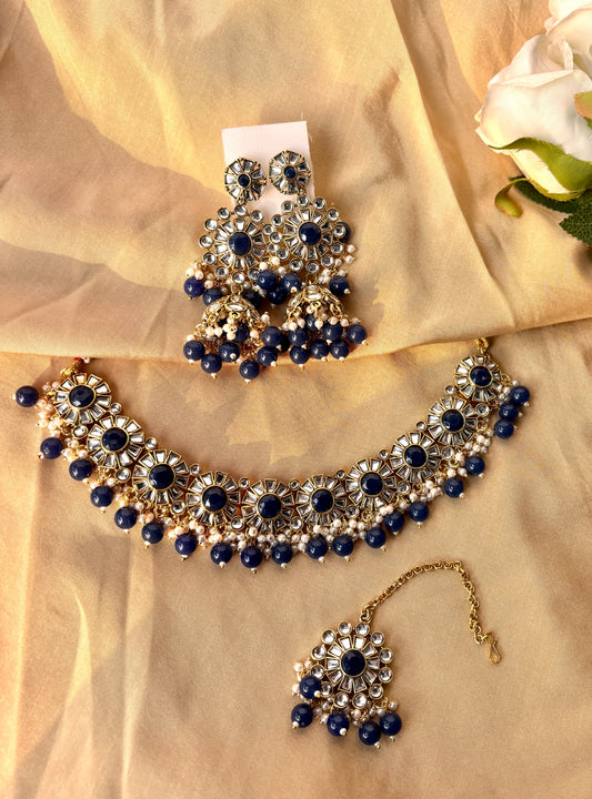 Sara Kundan Set with Tika- Blue