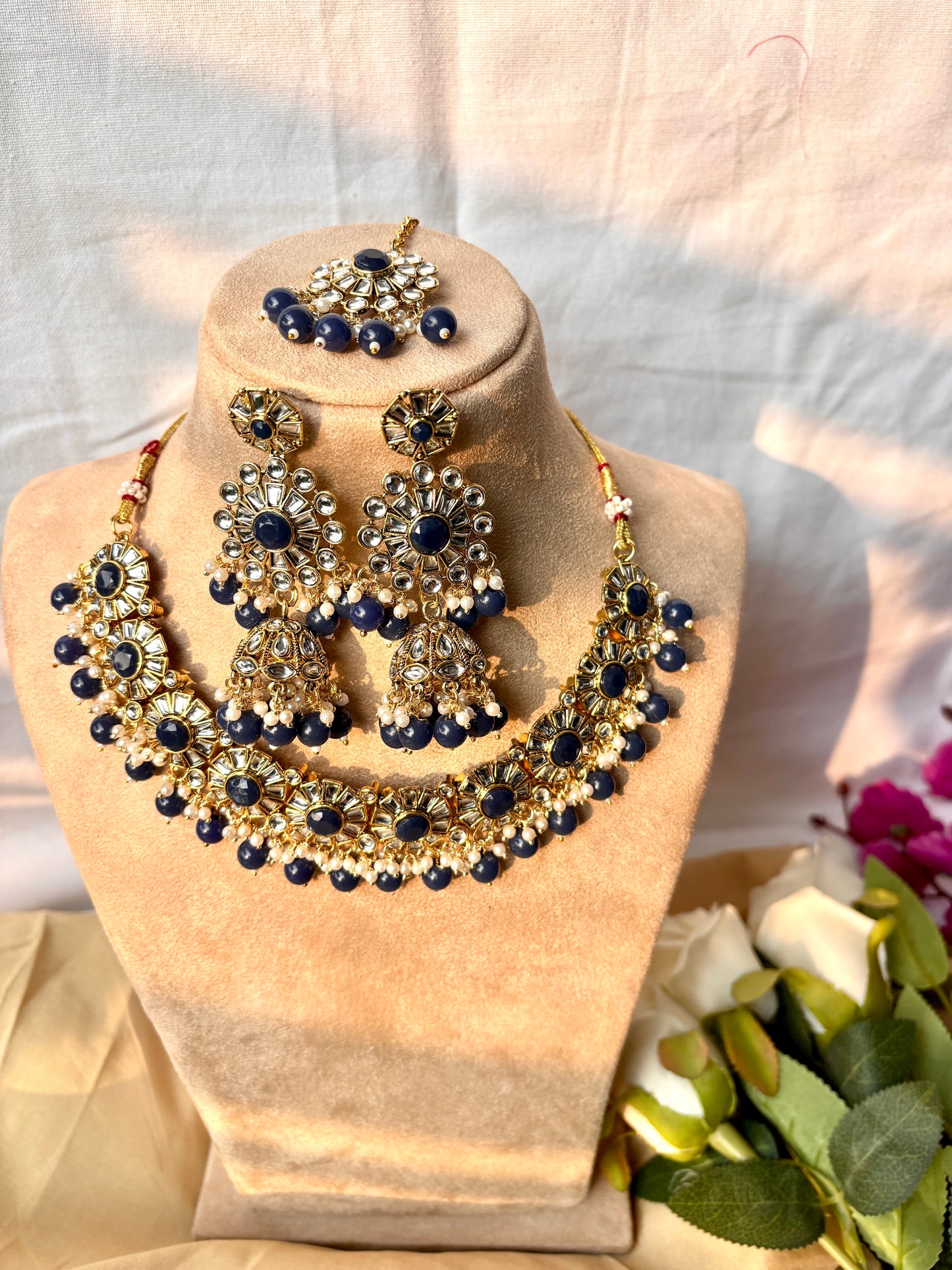 Sara Kundan Set with Tika- Blue